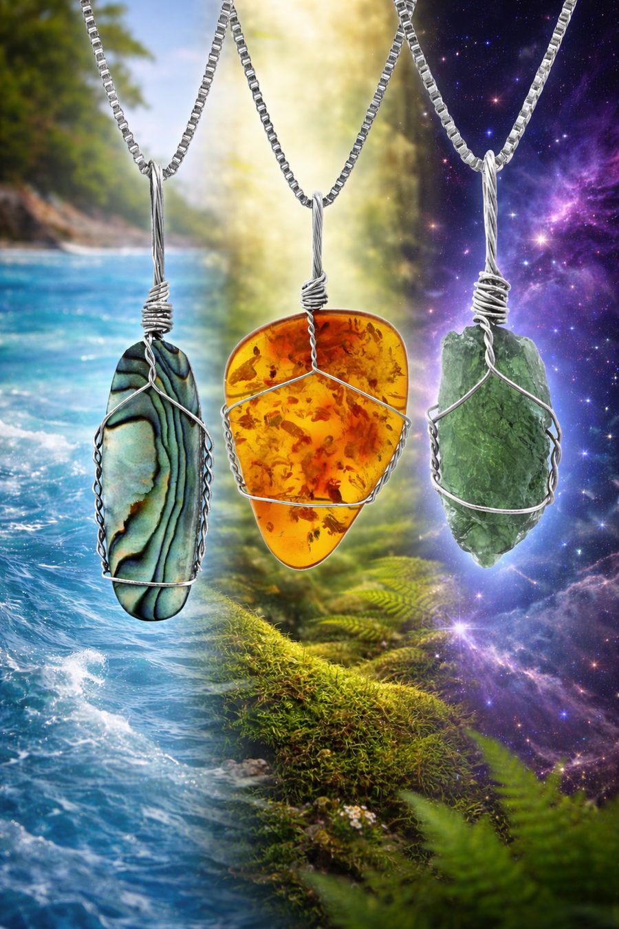 Three stone pendants on silver chains against a scenic and abstract background