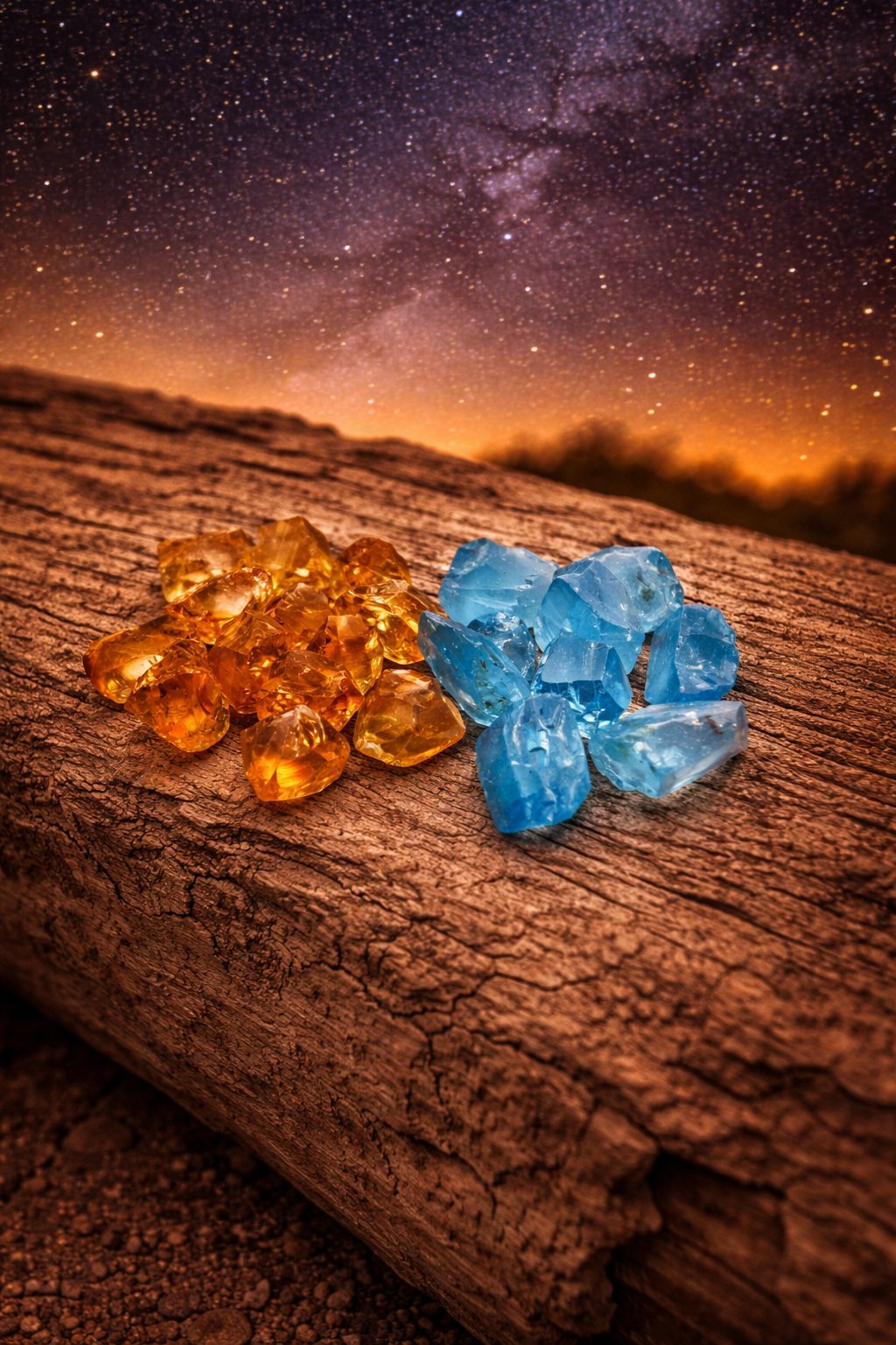 Blue and orange crystals on a wooden surface with a starry night sky background