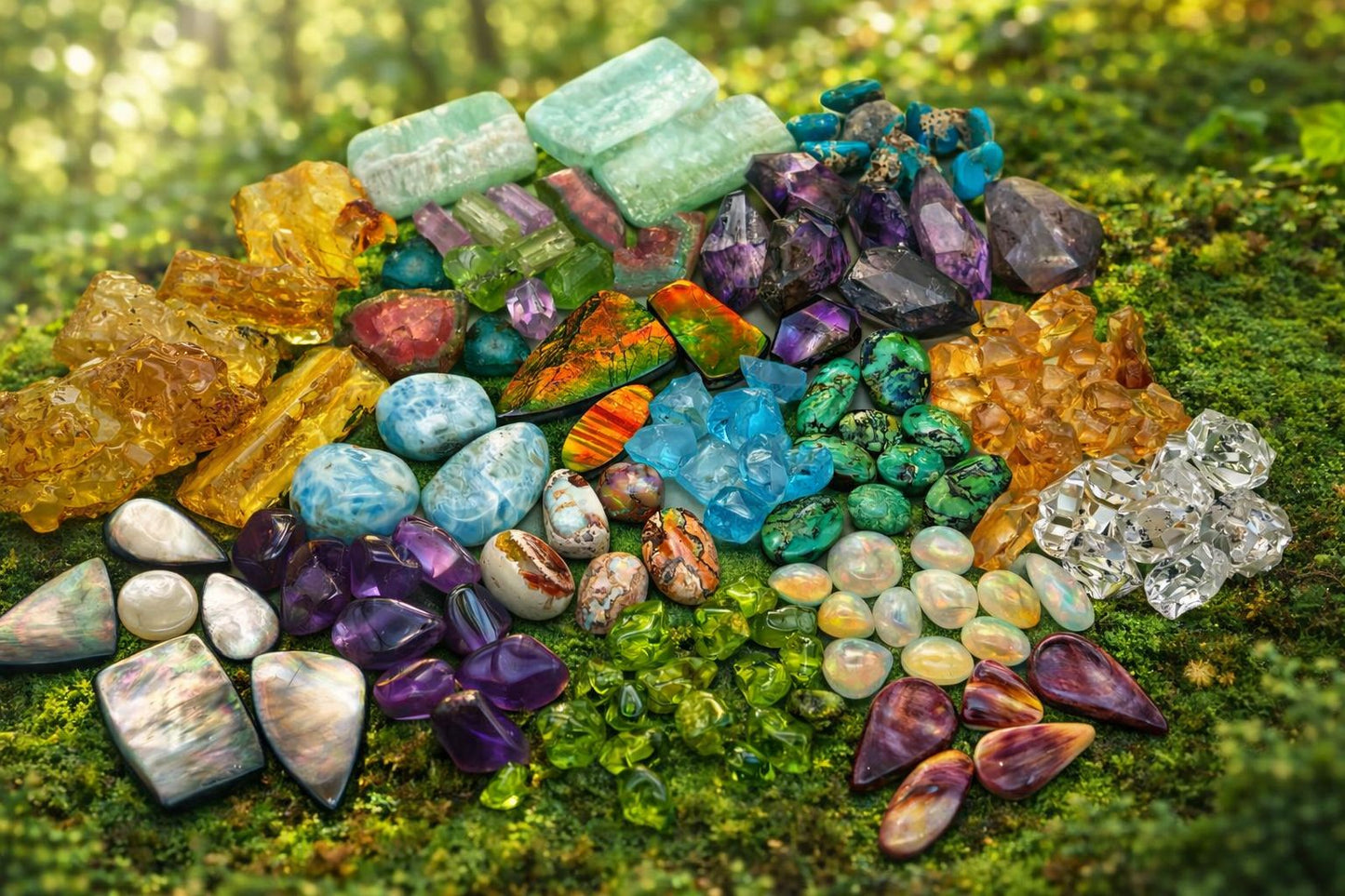 Assorted colorful gemstones on a green moss background