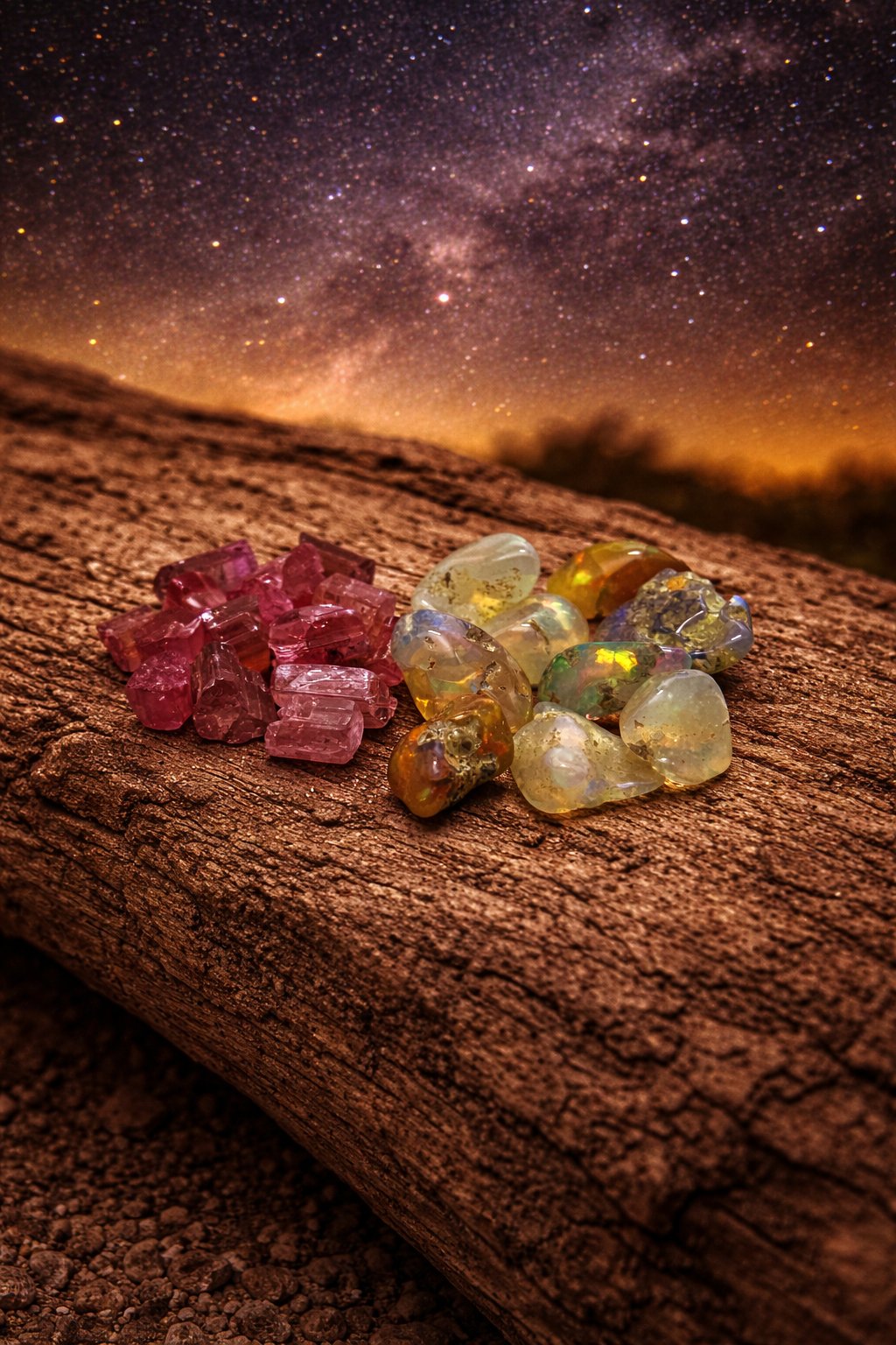 Colorful gemstones on a wooden log with a starry night sky background
