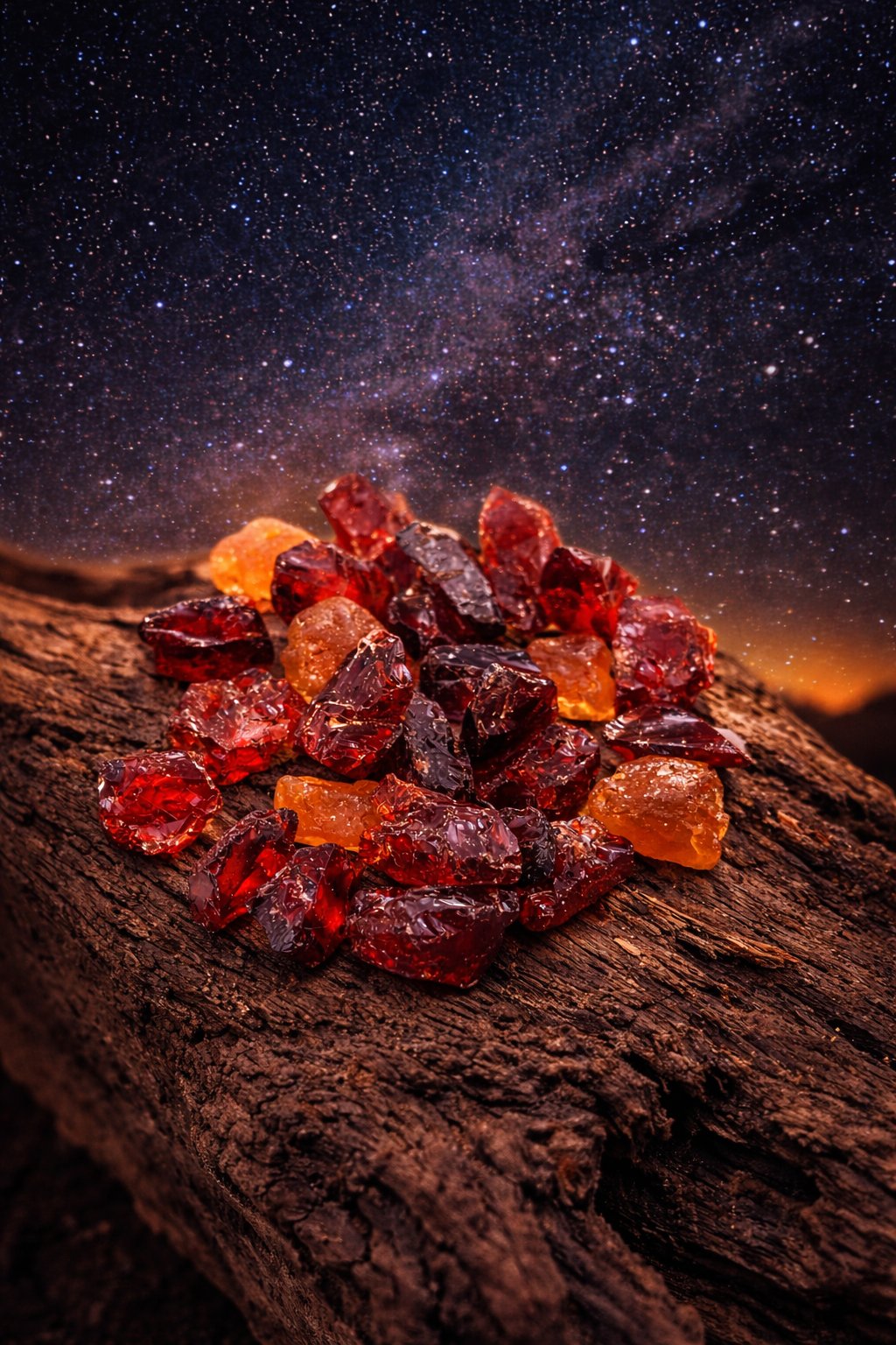 Stack of red colored gemstones on a wooden surface with a starry night sky background