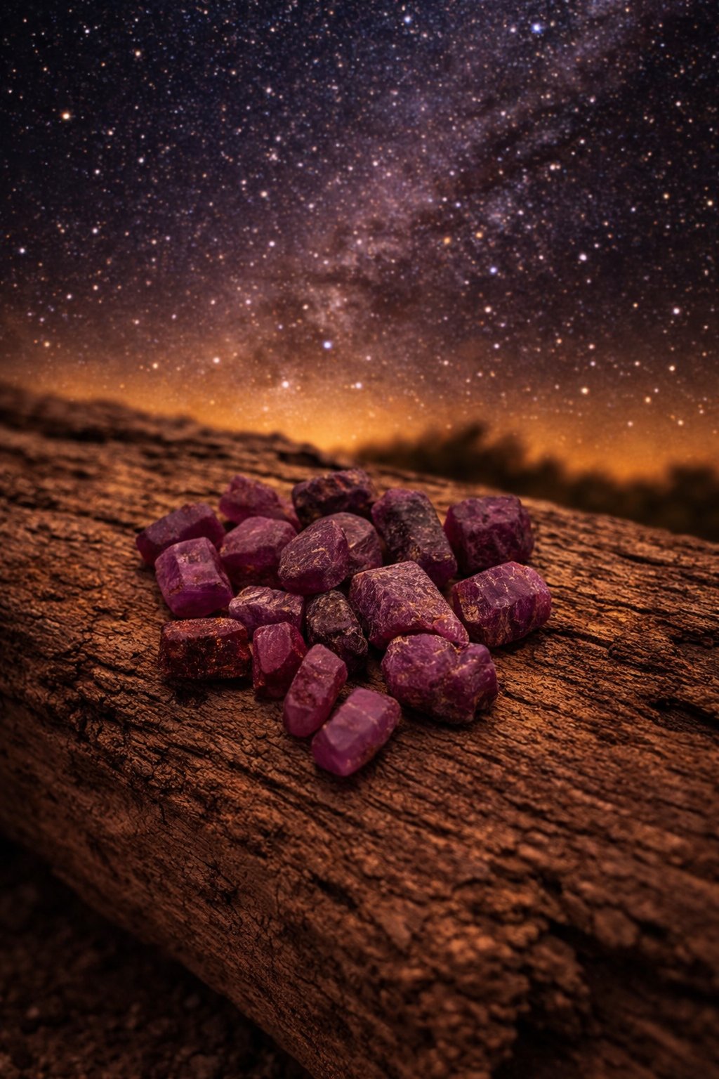 Purple red stones on a wooden surface with a starry night sky background