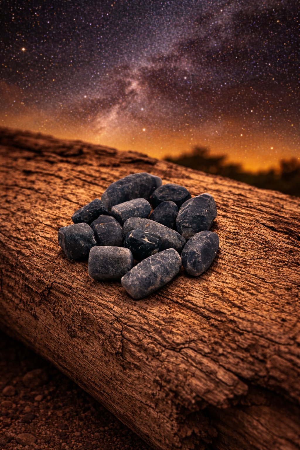 Dark gray stones on a wooden surface with a starry night sky in the background