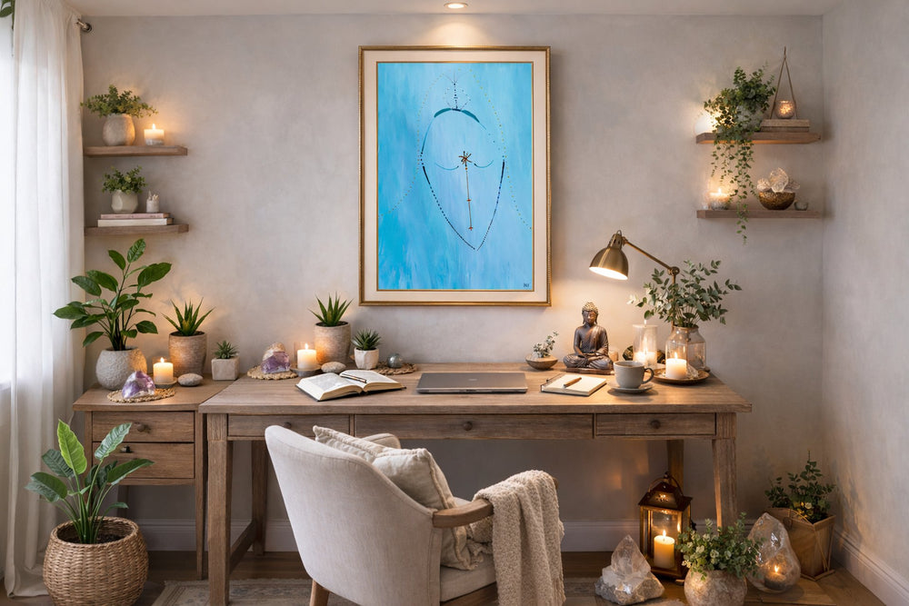 Home office with framed art print, wooden desk, chair, plants, and decorative items