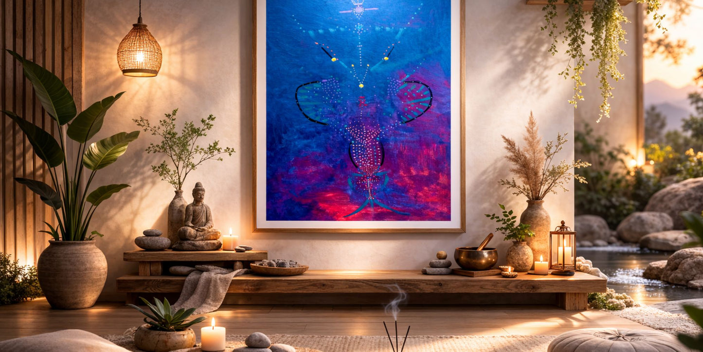 Decorative indoor setting with a colorful abstract painting, plants, and candles.